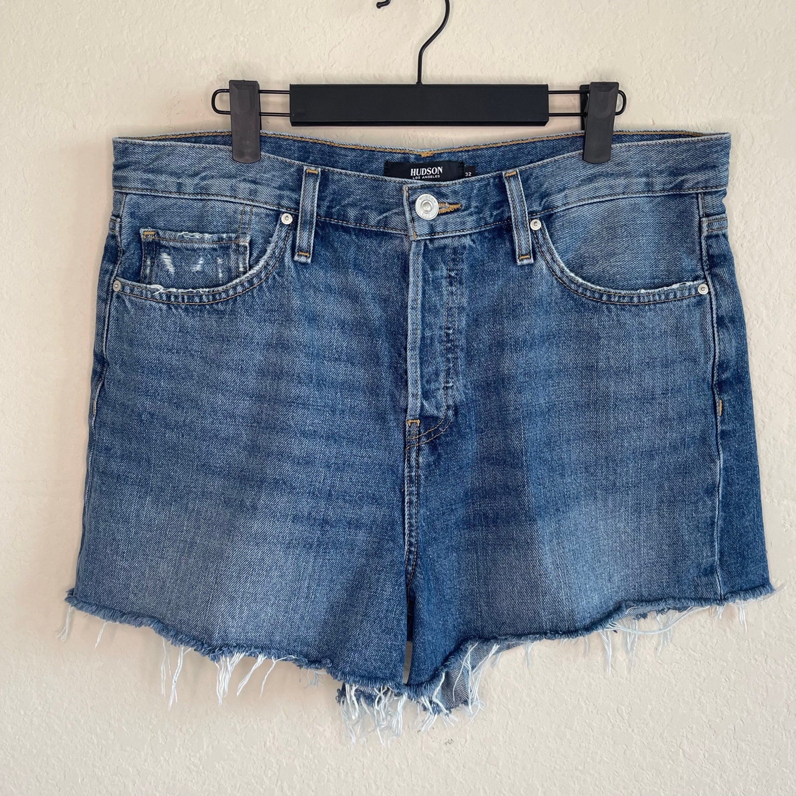 Hudson Jeans Medium Blue Frayed Hem Denim Shorts